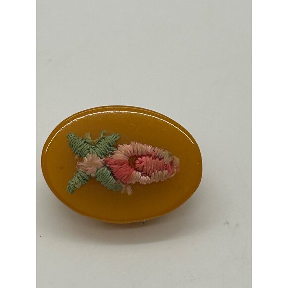 Bakelite Clip-On Earrings Butterscotch Pink & Green Embroidered Floral Vintage - Picture 8 of 16